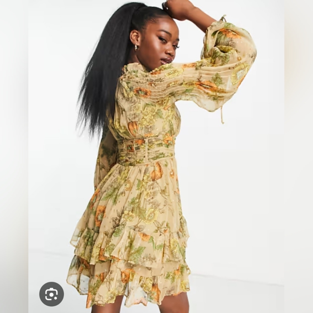 ASOS Floral Jaquard Chiffon Boho High Neck Ruffled Midi Dress